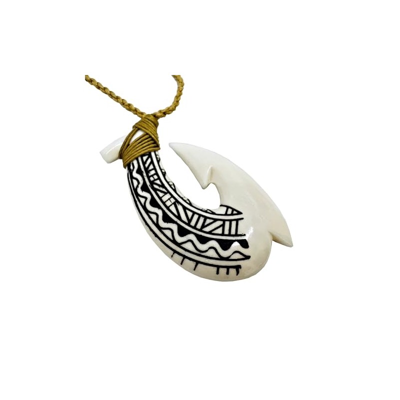 Hawaiian Hand Carved Tattooed Bone Fish Hook Necklace w/Khaki Cord.