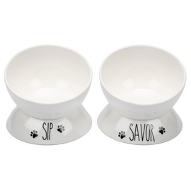 Prefurred Pet Elevated Cat Food Bowl Set (Sip & Savor Cat Dish) Two Elevated Cat Bowls, Cat Dishes for Food and Water. Porcelain Raised Cat Bowl, Small Pet Dog Bowl. Wide Tilted Cat Food Bowls.