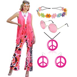 FunMular 60s 70s Outfits for Women Hippie Clothes Costume With 70's Tops Accessories Pants Fringe Vest Tassel Cardigan