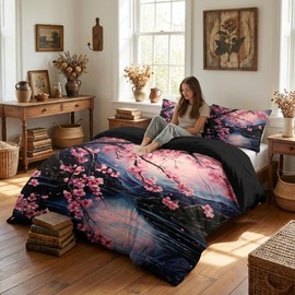 CCoutueChen Japanese Cherry Blossom Comforter Set King Women Black Pink Floral Bedding with 2 Pillowcases, 3Pcs Soft Farmhouses Country Bedroom Decor Quilt Set, 104"x90"