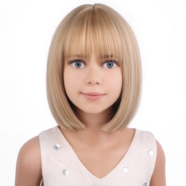 PATTNIUM Kids Blonde Wig Child Blonde Bob Wig Short Straight Mixed Blonde Bob Wig for Girls Cosplay Party Synthetic Rose Net Daily Wear Wig (Mixed Blonde)