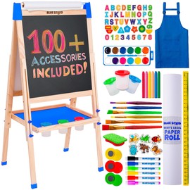 Blue Squid Art Easel for Kids - Dual-Sided Adjustable Wooden Painting Easels, Ideal Christmas Gift for Toddlers and Kid - with Magnetic Chalk Board, White Board & Paper Roll, Includes 100+ Accessories