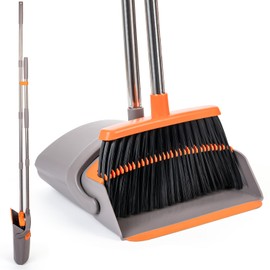 POWERJET Upright Broom & Dustpan Set (420900), Angled Lobby Broom, Exclusive Long Handle Extendable 52”, Self-Cleaning with Dustpan Teeth, Sweeping Indoor & Outdoor Home & Office Cleaning