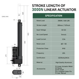 JiGiU 12V Actuator 8 Inch Heavy Duty 660lbs/3000N Linear Actuator, 0.2"/s Linear Motion Actuators with Mounting Brackets & IP65 Protection for Car RV Electric Door Industrial Machinery Vessels Window