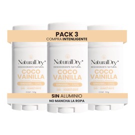 NaturalDry Desodorante Natural que SÍ FUNCIONA | Delicioso aroma Coco Vainilla | Sin Aluminio | Sin Parabenos | Desodorante Mujer | No macha la ropa | Protege del mal olor hasta 24 Horas | 50 G (3 Unidades)