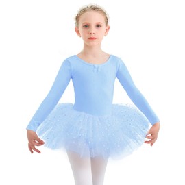 Gorchnc Ballet Outfits for Girls Toddler Ballet Dance Leotard with Tutu Skirt Long Sleeve Ballet Dress Glitter Dance Outfit Blue