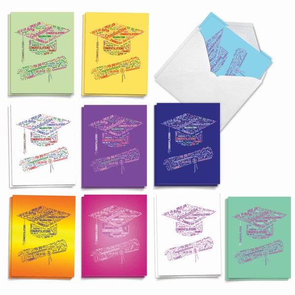 The Best Card Company Diploma Wordart - 20 Assorted Boxed Graduation Note Cards with Envelopes (4 x 5.12 Inch) - Word-Filled Cap and Diploma AM3191GDG-B2x10