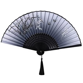 Yukiyi Hand Fan for Women Foldable Bamboo Fan with Tassel Silk Fabric Wall Decoration Wedding Party (Black/White)