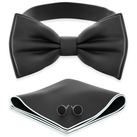 Adam Young Boy's Black Bow Tie with Handkerchief & Cufflinks Pre-Tied Style Formal Satin Classic Bowtie for Tuxedo Faux Silk (Medium, Black)