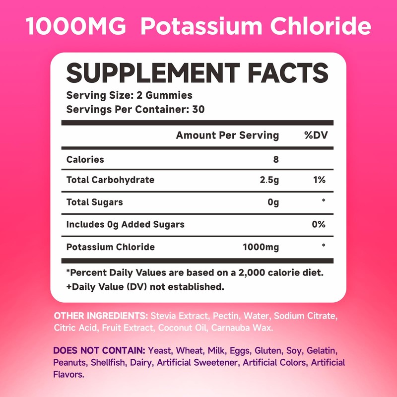2 Pack Potassium Gummies, Potassium Chloride 1000mg for Adults, Sugar-Free