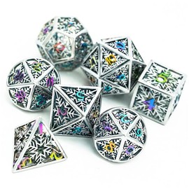 Sliver Rainbow Snow Flakes DND Hollow Metal Dice Set for Dungeons and Dragons Gifts, D&D, D and D, Pathfinder, Accessories, D20, Polyhedral, Resin Dice, Metal, Dice Tray, Tower, Bag, Box