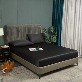 Fitted Sheet 180 x 200 cm Bamboo Fitted Sheet Black Cooling Breathable and Anti-Allergic Bed Sheet Fitted Sheet 180 x 200 cm Double Bed Plain Sheet for High Mattress High Bridge up to 25-30 cm