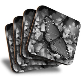 Destination Vinyl ltd Great Coasters (Set of 4) Square - BW - Elegant Queen Butterfly Hydrangeas Drink Glossy Coasters/Tabletop Protection for Any Table Type #37594