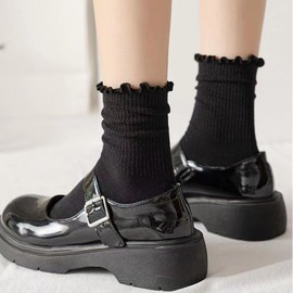 BABAHU 6 Pairs Womens Ruffle Socks Casual Cute Cotton Ruffle Knit Socks, A01 6pcs Black