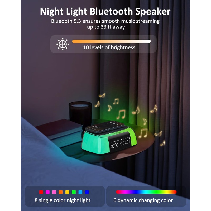 Alarm Clock with Wireless Charging, Digital Loud Alarm Clock with