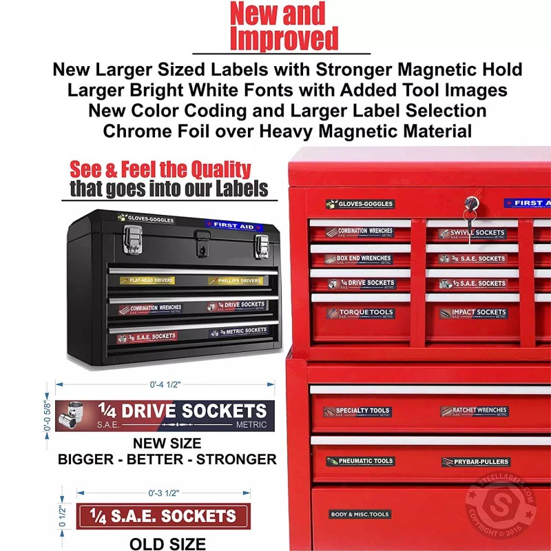 SteelLabels.com Ultimate Blue Magnetic TOOLBOX LABELS fits all tool chest