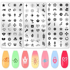 beinkmake 3Pcs Flowers Leaves Nail Stamping Plate Set Stars Moon Hearts Planets Nail Stamp Templates Stainless Steel DIY Reusable Tools with Stamper Scraper for Manicure Printing