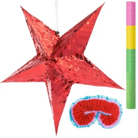 3 Pcs Foil Star Piñata with a Blindfold and Bat Foldable Mini Colorful Piñata Festive Star Piñatas for Toddlers Birthday Girl Kids Boys Adults Anniversary Baby Shower (21 x 21 x 9.4 Inch, Red)