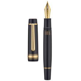 Yongsheng Junlai 930 Acrylic Fountain Pen, Size 9 Broad Nib with Piston Filling System, Piano Black Fence Ink Tank with Flat Top Design Smooth Writing Pen (Gold Trim)