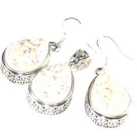 SILVER Vintage Style White Rainbow Titanium Druzy Teardrop Pendant & Earrings Jewelry Set