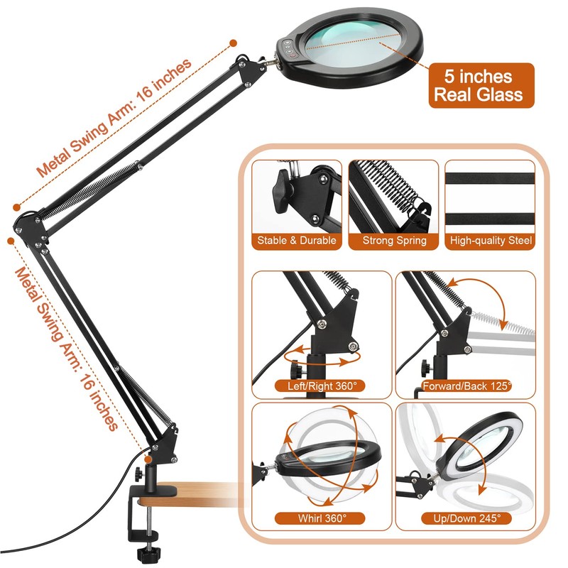 VEEMAGNI 5 Inch Large Magnifying Glass with Light and Stand,