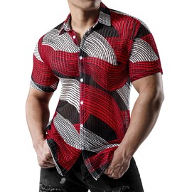 JOGAL Mens Mesh See Through Floral Shirts Stretch Wrinkle-Free Regular Fit Short Sleeve Casual Button Down Summer Shirts Black Red Medium