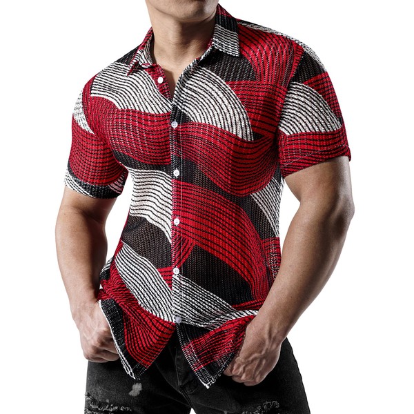 JOGAL Mens Mesh See Through Floral Shirts Stretch Wrinkle-Free Regular