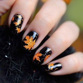 Short Square Press on Nails Fall Fake Nails Glossy Black False Nails Autumn Glitter Orange Maple Leaves Designs Full Cover Glue on Nails Artificial Stick on Nails for Women Manicure 24 PCS