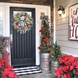 Vofuly prelit Christmas wreath for front door,22"Christmas gnome wreath,lighted farmhouse Winter wreath,santa wreath,buffalo plaid poinsettia decor,holiday wreath decoration with 30 LED light w/timer