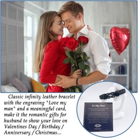 Valentines Day Gifts for Men Him, Cool Infinity Leather Cuff Bangle Bracelets Birthday Gifts To My Man Boyfriend Husband Fiance, Romantic I Love You Present for Anniversary Fathers Day Christmas