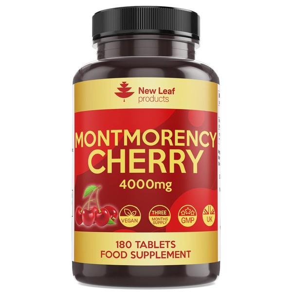 Montmorency Cherry 4000mg (2 per Serving) - 180 Tablets High Strength Concentrate - Natural Tart Cherry Vegan Supplements (not Capsules or Powder) - Non-GMO, 3 Months Supply - Made in The UK