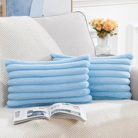 Madizz Set of 2 Faux Fur Plush Decorative Throw Pillow Covers 12x20 inch, 30x50 cm, Light Blue Fluffy Striped Soft Decorative Cushion Cover for Sofa Bedroom Pillow Shell