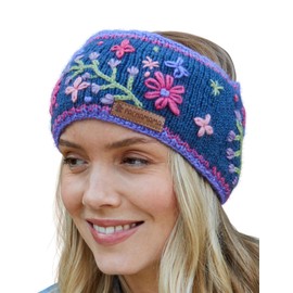 Pachamama Women Wool Ear Warmer Headband Fleece Lined Hand Embroidered Floral Blue One-Size Handmade Fair Trade