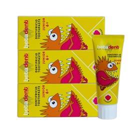 Betadent Set of 3 Toothpastes Junior 6+ Strawberry for ages 6 and up. Natural formulation, anti-plaque and anti-caries salt. Even dosage of fluorine salt at a concentration of 950