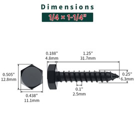 1/4 x 1-1/4" Black Hex Head Lag Screws Bolts (20 pcs), 304 Stainless Steel 18/8, Black Oxide Coated, Full Thread, Deck Screws, Heavy Duty Hex Head Wood Lag Screws, Fayeploo