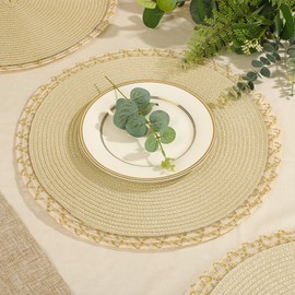 fanquare Round Placemats Set of 6 Beige Braided Place Mats with Gold Lace Border Durable Heat Resistant Non-Slip Table Mats for Dining Decoration 34cm