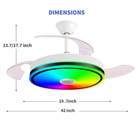 42'' Retractable Hanging Fan with Lights, Smart Fan Light with Bluetooth Speaker, App Control for Dimming & RGB Color Change Reversible Bedroom Living