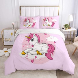 TULTOAP Unicorn Bed Linen 135 x 200 cm Pink Girls Bedding Set Cute Cartoon Rainbow Unicorn Motif Duvet Cover with Pillowcase (C)