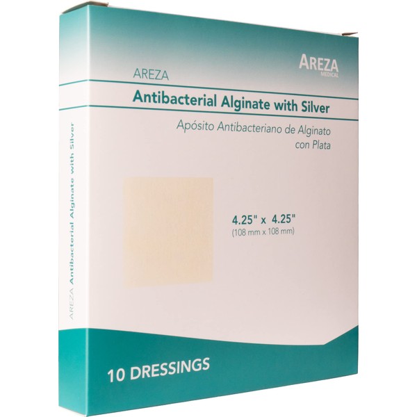Silver Alginate (Antibacterial Alginate with Silver) 4.25"x4.25" Sterile; 10 Wound Dressings Per Box (1 Box) Areza Medical