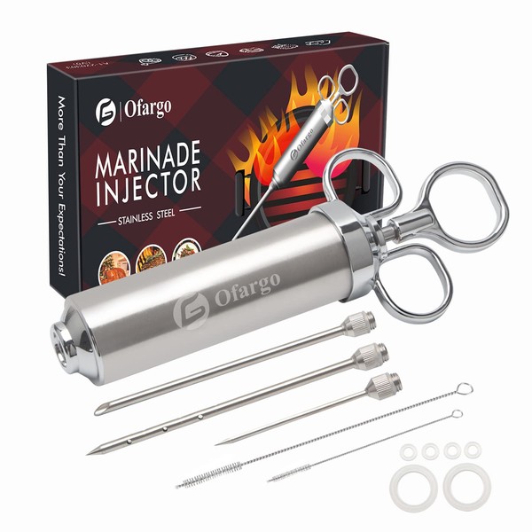 Ofargo Meat Syringe, Marinade Syringe with 3 Needles for Injecting Sauce into Large Meat Pieces, for example Pork Knuckle, Beef etc., 60 ml/2 oz,Includes Paper Instructions in German