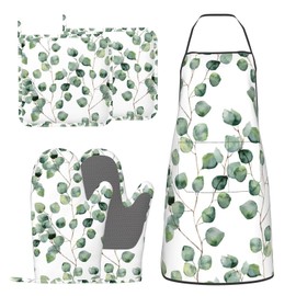 DYCBNESS Eucalyptus Oven Mitts and Pot Holders with Apron Set of 5 Green Leaves Plant Silicone Kitchen Mitts Apron Sage Green Eucalyptus Pot Holder Set Heat Resistant Oven Gloves Hot Holders for BBQ