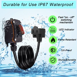 TutuTech Inline Power Switch with 14AWG Cable Piggyback Plug(3-Pronged), IP67 Waterproof Extension Cord with On/Off, Heavy Duty AC/DC 20A-125V, 16A-250V Inline Cord Switch with Red LED Rocker Button