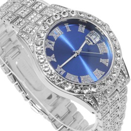 Halukakah Diamond Gold Watch for Men, 18 Carat Real Gold/Platinum White Gold Plated Quartz Bracelet 24 cm Blue Dial, with Diamond Cluster Tennis Chains, Necklace, Bracelet Set Options, with Gift Box,
