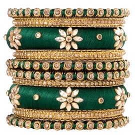 Aheli Traditional Green Silk Thread Chuda 2.6" Bangles Set Ethnic Fashion Jewelry Gift for Women