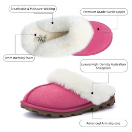 WaySoft Genuine Australian Sheepskin Women Slippers, 100% Shearling Hard Bottom Slippers for Women Indoor and Outdoor Warm Fuzzy Wool Slippers