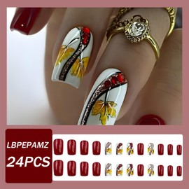 LBPEPAMZ Fall Press on Nails Short Medium Fake Nails with Red Rhinestones Designs Autumn Maple Leaf False Nails Gold Glitter Line Thanksgiving Stick on Nails Full Cover Glue on Nails for Women 24Pcs