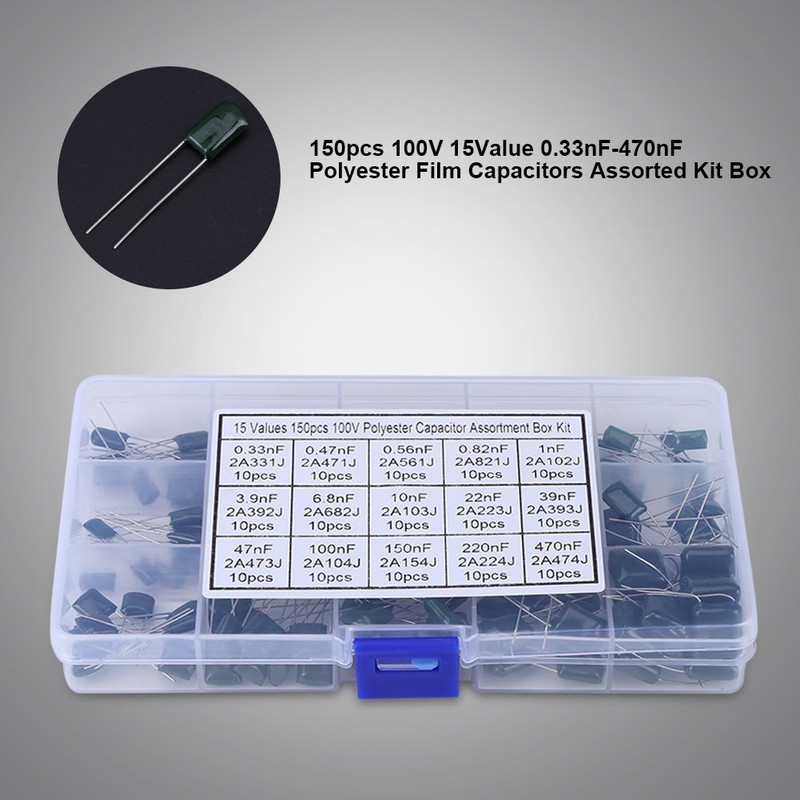 15 Value 150 Pieces Polyester Capacitors Assortment Kit Box 100V