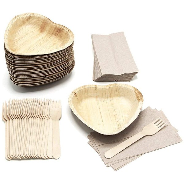 25 Heart Shaped Palm Leaf Plates Set with forks and napkins - Disposable Eco-Friendly Special Occasion Party Supply - I Love You Food Serving Idea
