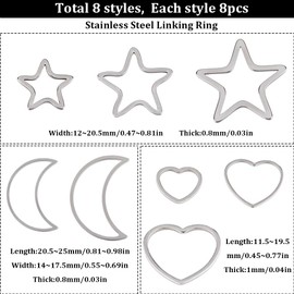 SUNNYCLUE 1 Box 64Pcs Open Bezel Charms Open Back Bezels Stainless Steel Linking Rings Hollow Moon Star Heart Love Pendant Frames Beading Hoops Charm Connectors for Jewelry Making Charms Resin Crafts