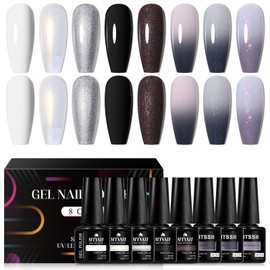 MTSSII 8PCS Gel Nail Polish Kit, Classic White Black Gel Nail Polish Set Color Changed Nail Gel, Soak Off UV Gel Nail Art Decoration Nail Home Kit for Women